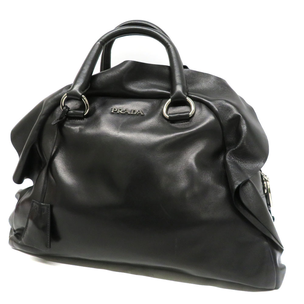 Prada Black Nappa Leather Ruffle Bauletto satchel